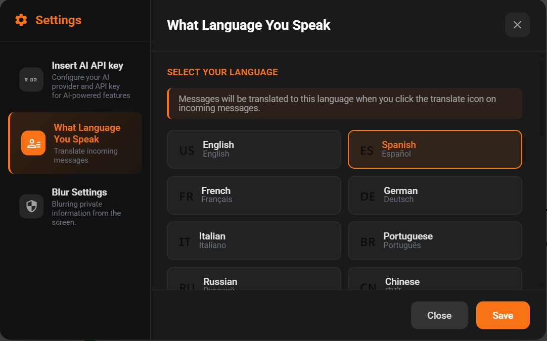 What Language You Speak Settings Interface