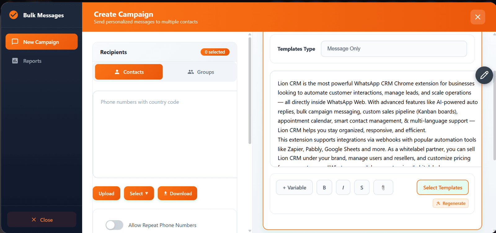Lion CRM Bulk Message Feature