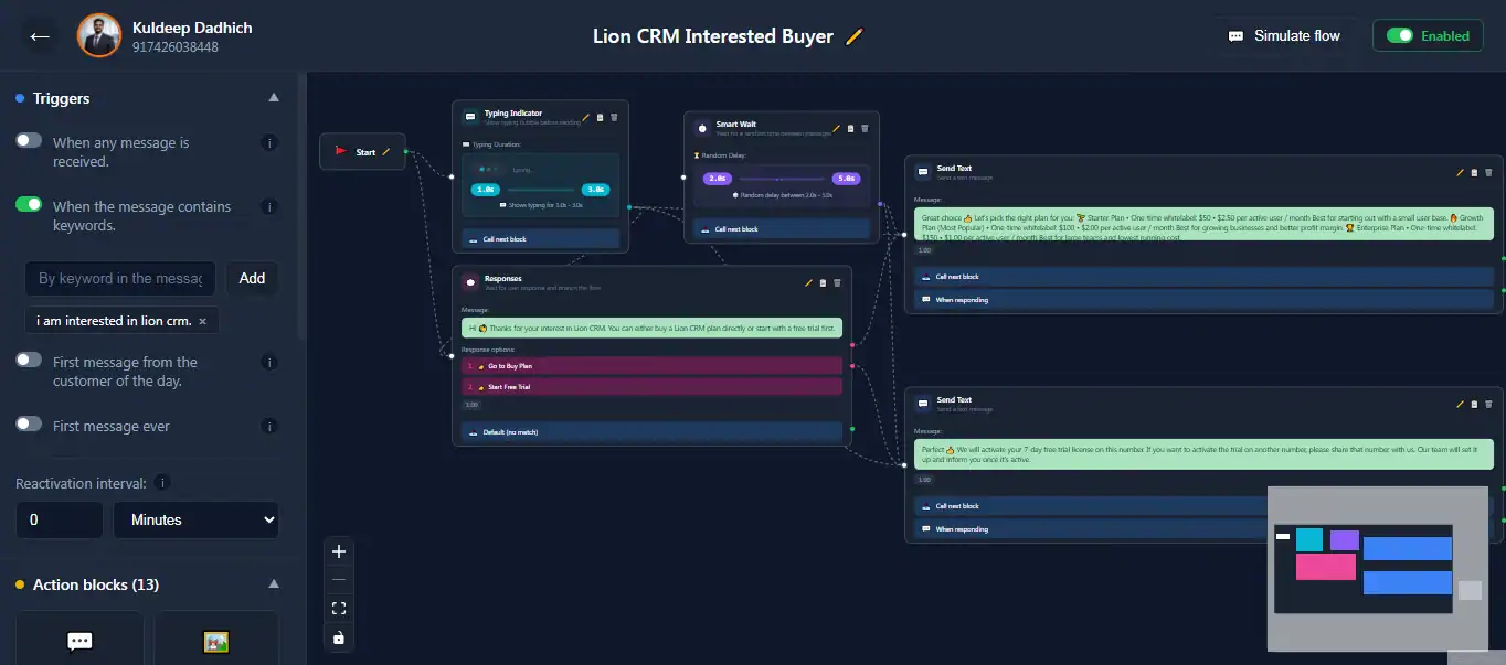 WhatsApp Chatbot Builder - Rule-Based Automation Flow Dashboard in Lion CRM
