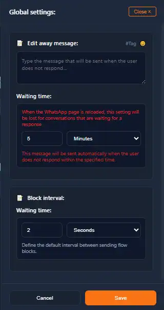 Global settings for WhatsApp chatbot flow - away message, waiting time, and block interval