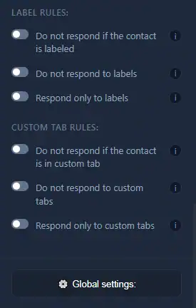 Label rules and custom tab rules for controlling WhatsApp auto reply targets