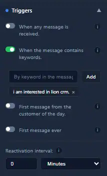 WhatsApp auto reply trigger options in Lion CRM - keyword triggers, first message, any message