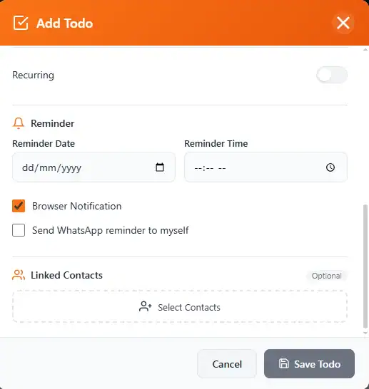 WhatsApp Appointment Booking - Task Reminder with Contact Linking Feature