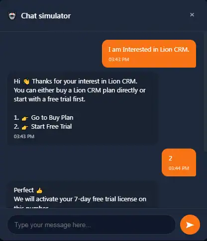 Chat Simulator in Lion CRM - test WhatsApp auto reply flows before going live