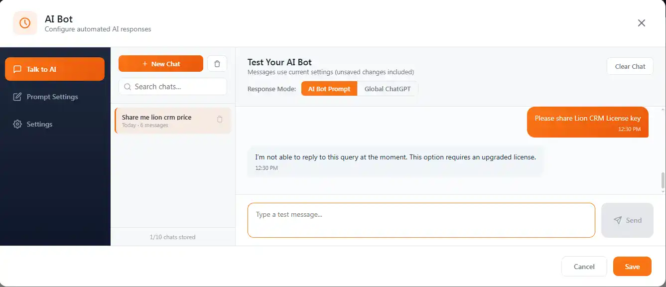 Talk to AI - Test WhatsApp AI Chatbot Before Going Live in Lion CRM