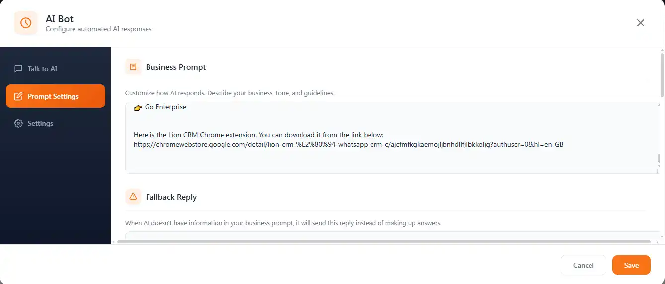 Lion CRM Business Prompt and Fallback Reply settings for training WhatsApp AI chatbot with business context