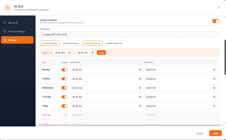 WhatsApp AI Bot Schedule - Enable Bot Reply on Specific Days and Times with Timezone Support