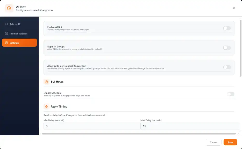WhatsApp AI Chatbot Business Prompt Settings - Configure AI Response Behavior in Lion CRM