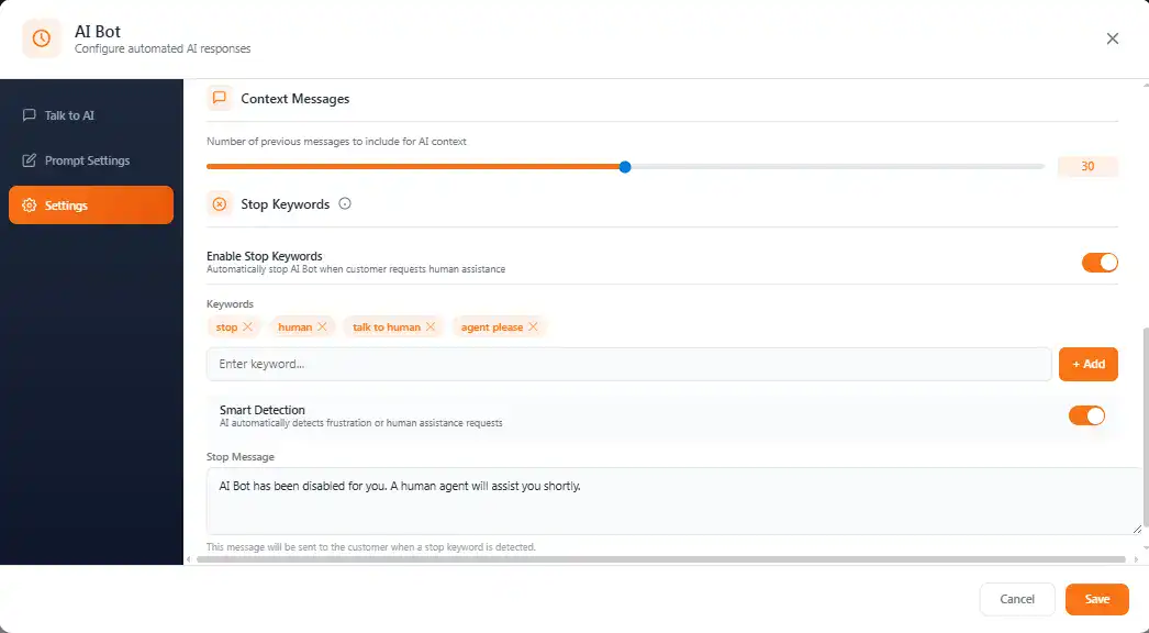 WhatsApp AI Bot Stop Keywords - Smart Frustration Detection and Human Handoff Feature