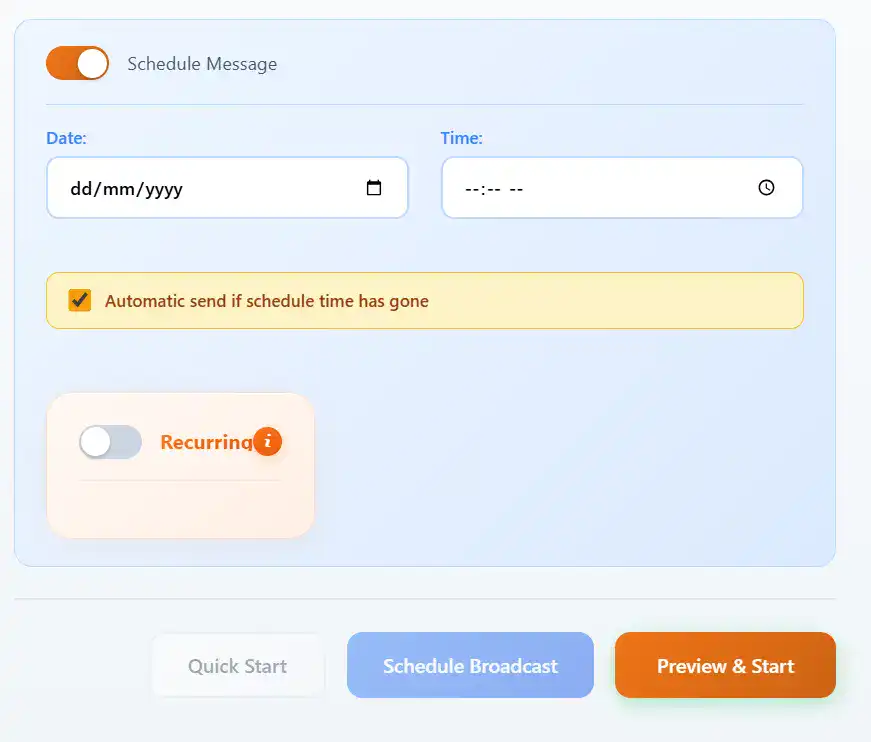 Schedule Bulk Message - Set date and time for WhatsApp broadcast
