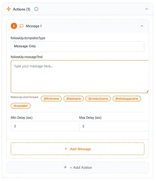 WhatsApp Auto Follow Up Message Builder - Personalized Variables Dynamic Templates Smart Delay Actions Settings in Lion CRM