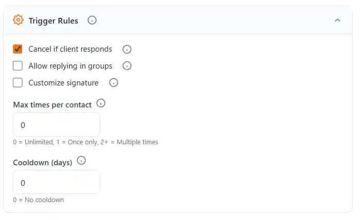 WhatsApp Follow Up Trigger Rules - Cancel If Client Responds Max Times Cooldown Days Smart Automation Rules