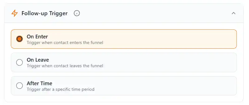 WhatsApp Follow Up Trigger Options - On Enter On Leave After Time Automated Trigger for CRM Follow Up
