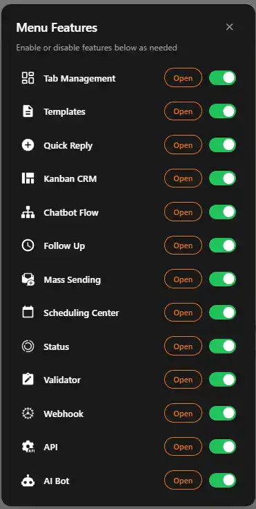 WhatsApp CRM Feature Toggle Dashboard - Enable Disable Tab Management Templates Quick Reply Kanban CRM Chatbot Flow Follow Up Mass Sending Scheduling Status Validator Webhook API AI Bot Features