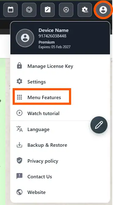 WhatsApp CRM Menu Features - Access Settings Manage License Key Watch Tutorial Change Language Backup and Restore with Quick Feature Navigation