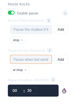 Pause rules for WhatsApp chatbot - stop keywords, server keywords, and pause duration settings