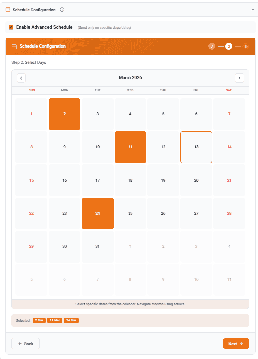 WhatsApp Auto Message Schedule Specific Dates - Calendar Date Picker Select Weekdays for Recurring WhatsApp Follow Up