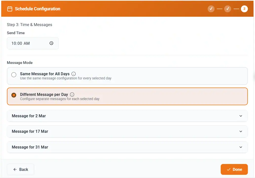 WhatsApp Scheduled Follow Up Message Mode - Same Message All Days or Different Message Per Day with Custom Send Time
