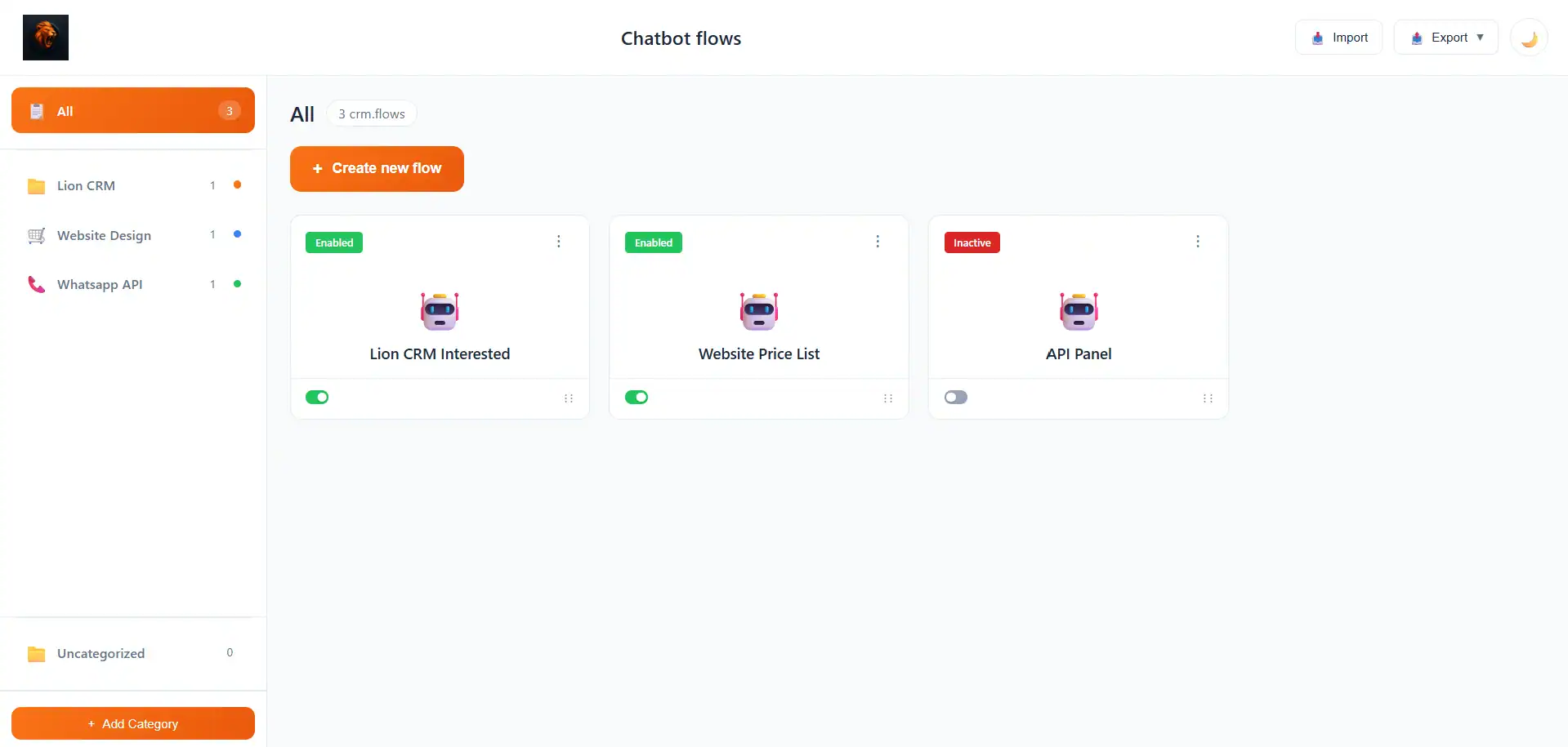 WhatsApp Chatbot Flow Categories Dashboard - Organize Fluxo Flows into Custom Folders with Active Inactive Status in Lion CRM