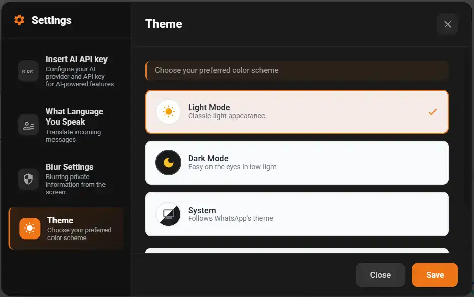 WhatsApp CRM Dark Mode Light Mode System Theme Settings - Choose Your Preferred Color Scheme in Lion CRM Chrome Extension
