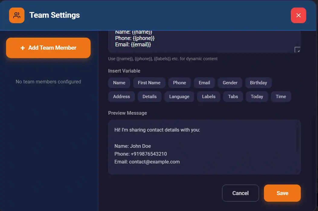 WhatsApp CRM Team Lead Sharing Message Preview - Insert Dynamic Variables Name Phone Email Labels with Live Preview Before Sending to Team Member