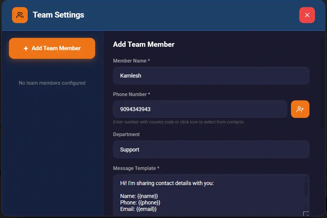WhatsApp CRM Add Team Member Settings - Configure Name Phone Number Department and Dynamic Message Template for Lead Sharing