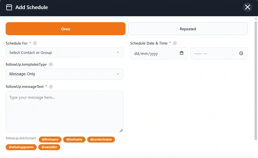 WhatsApp Schedule Message Once - Pick Contact Group Set Date Time Write Message with Dynamic Variables in Lion CRM