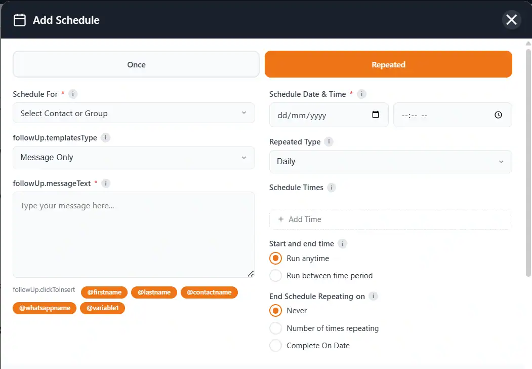 WhatsApp Recurring Message Schedule - Repeated Daily Weekly Monthly Yearly with Schedule Times and End Conditions