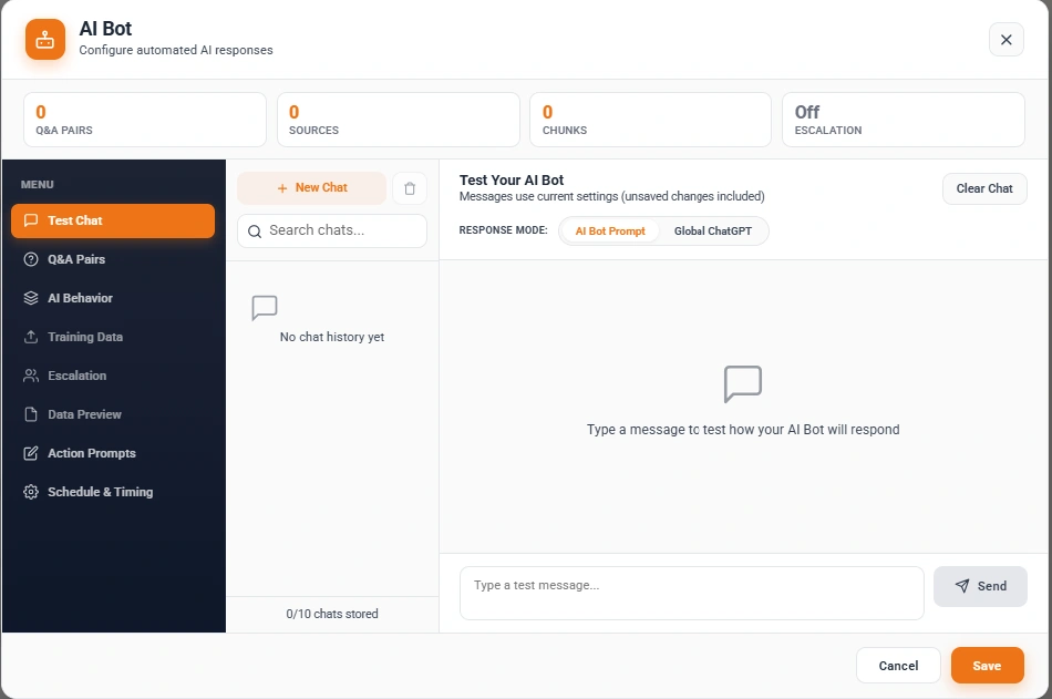 Lion CRM AI Bot Test Chat — Test WhatsApp AI Responses Before Going Live