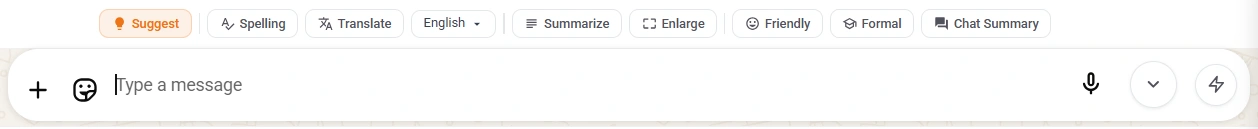 Lion CRM AI Chat Toolbar — Translate Summarize Enlarge Friendly Formal Buttons