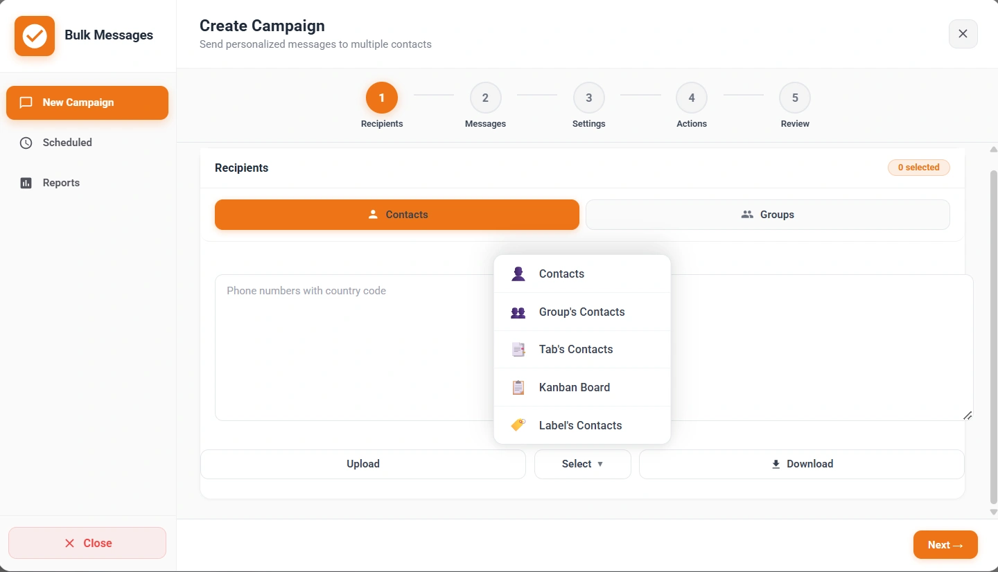 Lion CRM Bulk Messaging Step 1 Recipients — Select Contacts Groups Tabs Labels or Kanban Board