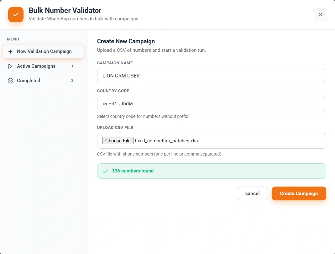 Lion CRM Bulk Number Validator - Create New Campaign with CSV Upload and Country Code Selection
