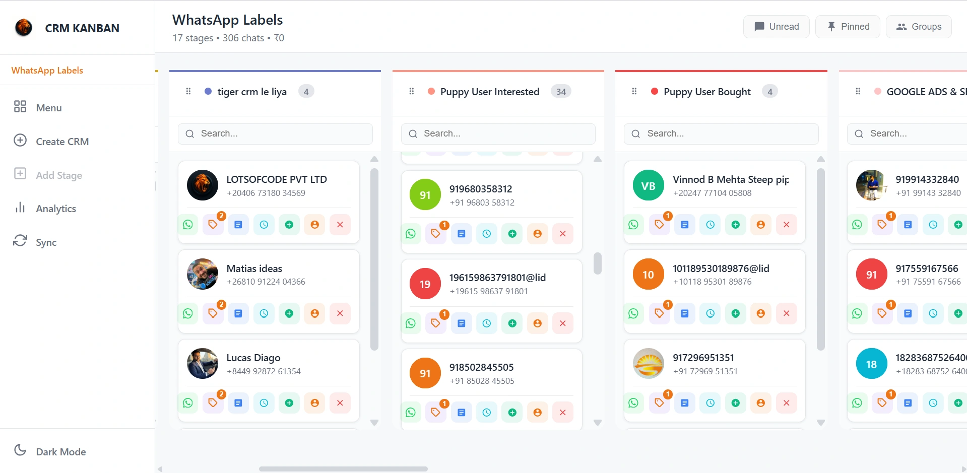 Lion CRM Kanban Board — Visual Sales Pipeline with Custom Stages and Chat Action Icons