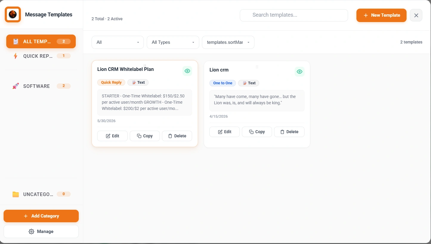Lion CRM Message Templates — Template and Quick Reply Categories with Custom Folders