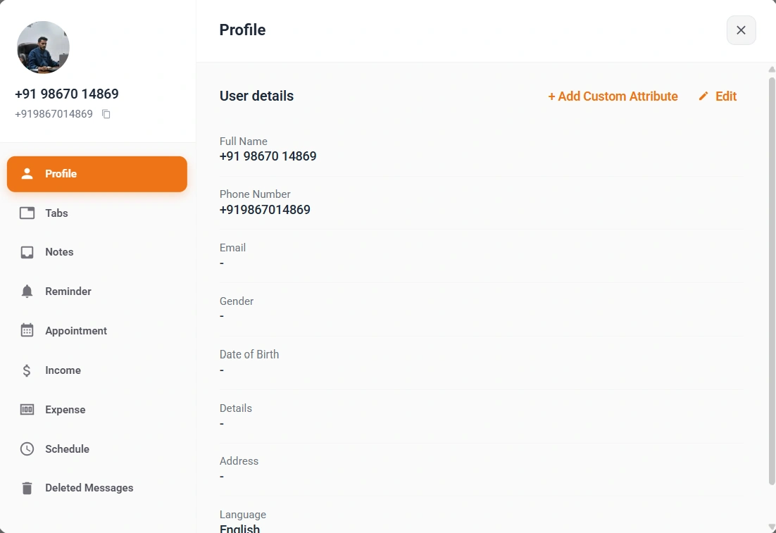 Profile Section in Lion CRM Panel - View and Edit Full Contact Details
