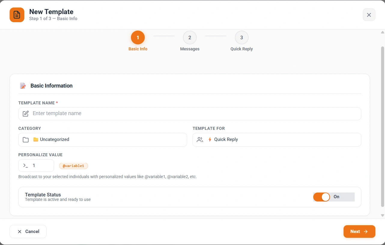 Lion CRM Quick Reply — Create Quick Reply Template Step 1 Basic Info