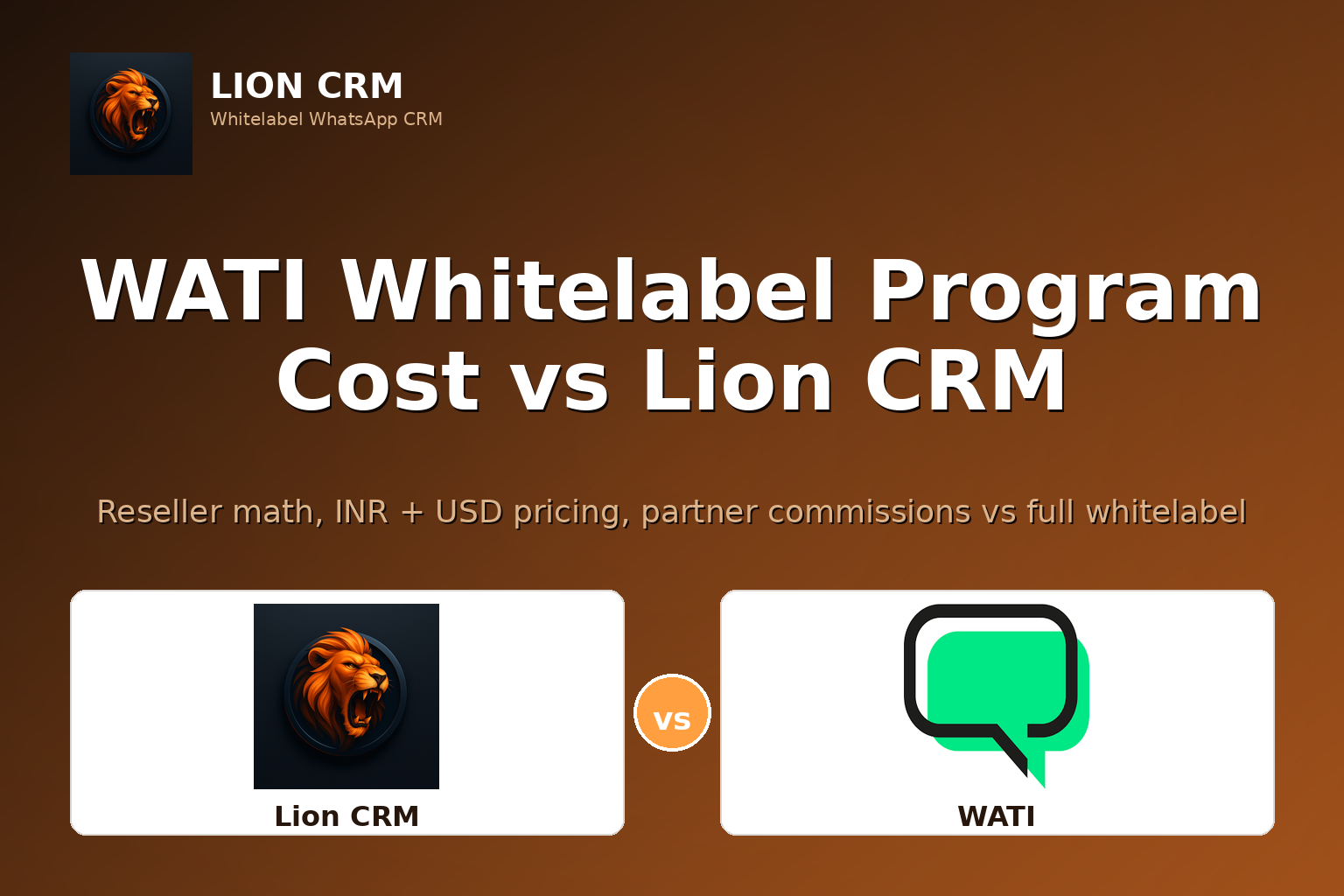 WATI Whitelabel Program Cost vs Lion CRM 2026 — dark-gradient banner with WATI text chip and Lion CRM logo