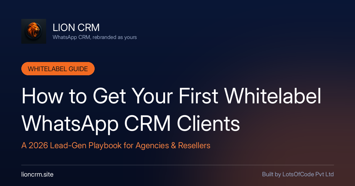 How to get your first whitelabel WhatsApp CRM clients โ 2026 lead-gen playbook banner with Lion CRM logo on navy gradient.