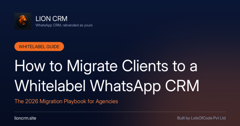 Whitelabel WhatsApp CRM migration 2026 playbook banner — navy gradient with Lion CRM logo and title.