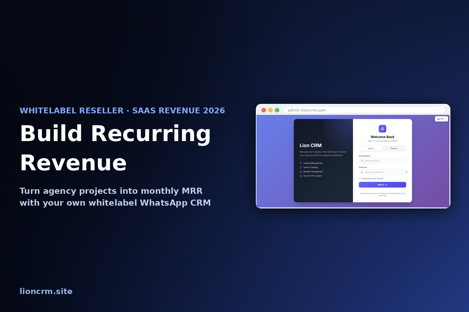 Whitelabel WhatsApp CRM Recurring Revenue 2026 — how an agency turns one-off projects into monthly recurring revenue, shown over the Lion CRM whitelabel admin panel on a dark navy gradient