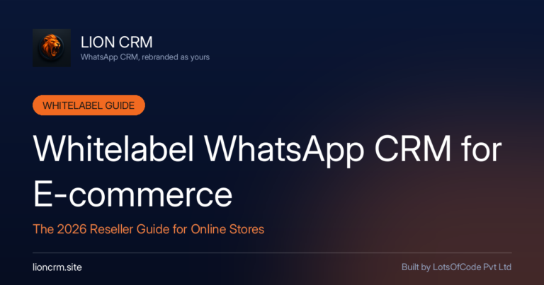 Whitelabel WhatsApp CRM for e-commerce 2026 reseller guide banner — navy gradient with Lion CRM logo and title.