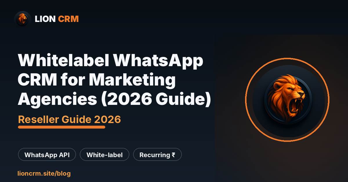 Whitelabel WhatsApp CRM for marketing agencies — Lion CRM 2026 reseller guide banner, navy gradient with Lion CRM logo and title.