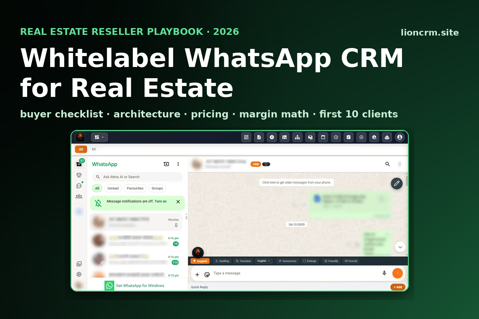 Whitelabel WhatsApp CRM for Real Estate 2026 Reseller Playbook — Lion CRM dashboard on a dark green-to-black gradient
