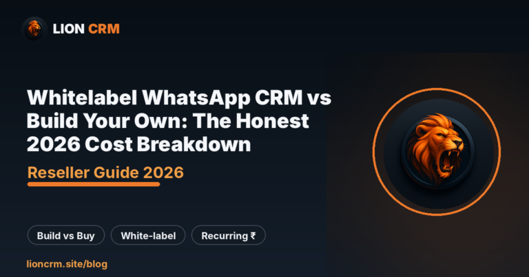 Whitelabel WhatsApp CRM vs build your own — Lion CRM 2026 cost comparison banner, navy gradient with Lion CRM logo and title.