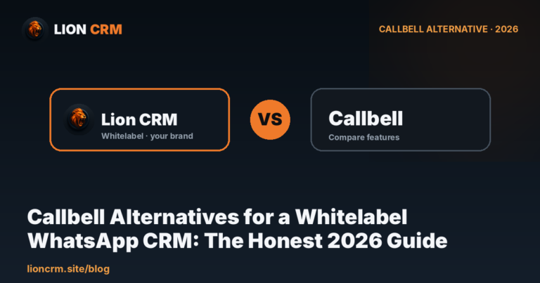 Callbell alternatives for a whitelabel WhatsApp CRM — Lion CRM 2026 comparison banner, navy gradient with Lion CRM and Callbell cards and a VS badge.