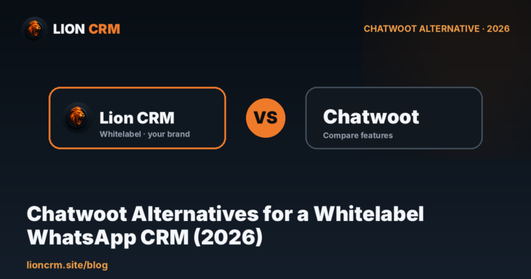 Chatwoot alternatives for a whitelabel WhatsApp CRM — Lion CRM 2026 comparison banner, navy gradient with Lion CRM and Chatwoot cards and a VS badge.