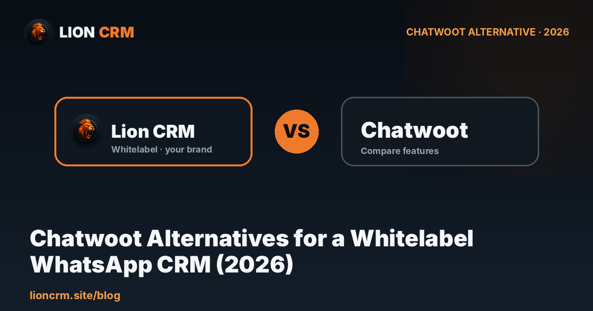 Chatwoot alternatives for a whitelabel WhatsApp CRM โ Lion CRM 2026 comparison banner, navy gradient with Lion CRM and Chatwoot cards and a VS badge.