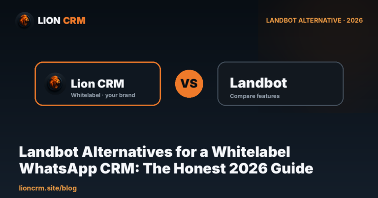 Landbot alternatives for a whitelabel WhatsApp CRM — Lion CRM 2026 comparison banner, navy gradient with Lion CRM and Landbot cards and a VS badge.